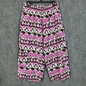 Bryn Walker Linen Crop Pants Womens M Pink Brown Abstract Print Elastic Waist